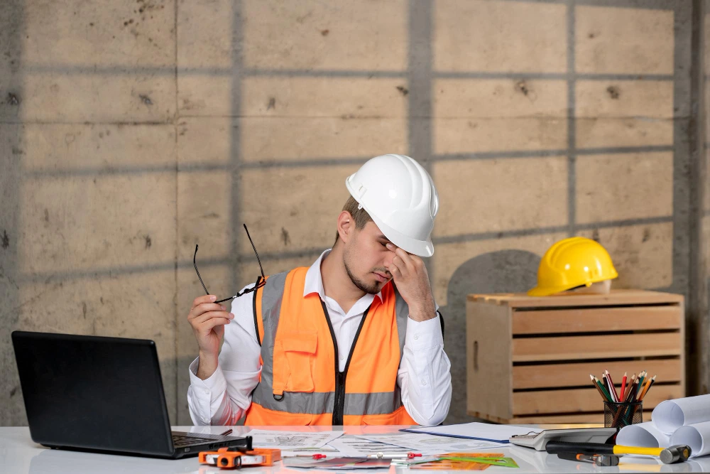 Stressed construction estimator in white hard hat and safety vest reviewing project plans and try to identify which tool and method are best for that project and calculations at construction site office desk