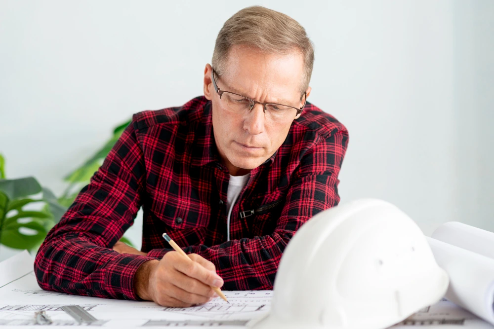 Construction Estimation Expert in red plaid shirt reviewing and marking architectural blueprints at desk with rolled plans